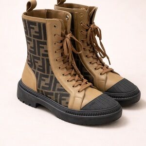 Fendi Brown Tan FF Monogram Lace-Up Combat Boots